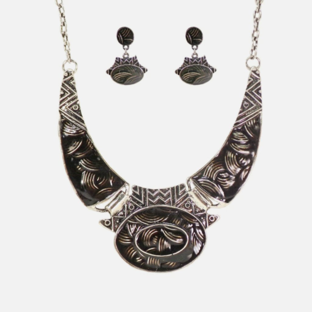 Large Black And Silver Large Necklace Earring Set With Textured Swirl Designs